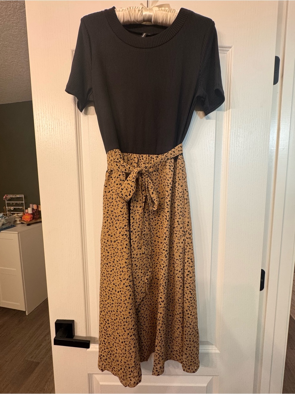 Black Top with Tan Animal-Print Midi Dress